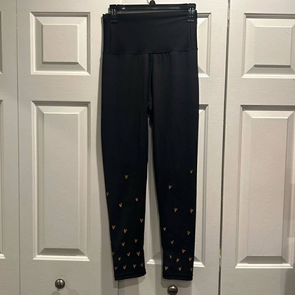 CHRLDR Black Leggings with Gold Foil Hearts, Size Large